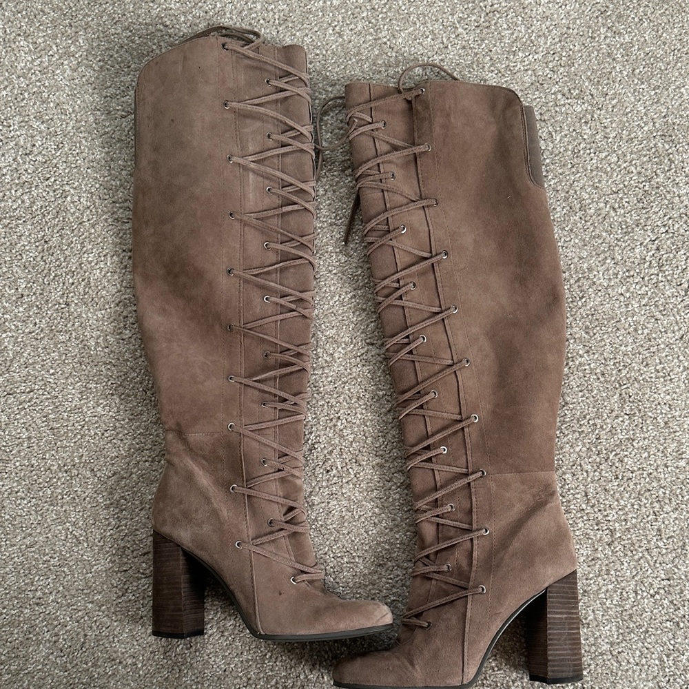 Vince Camuto Taupe Over the Knee Lace-Up Boots